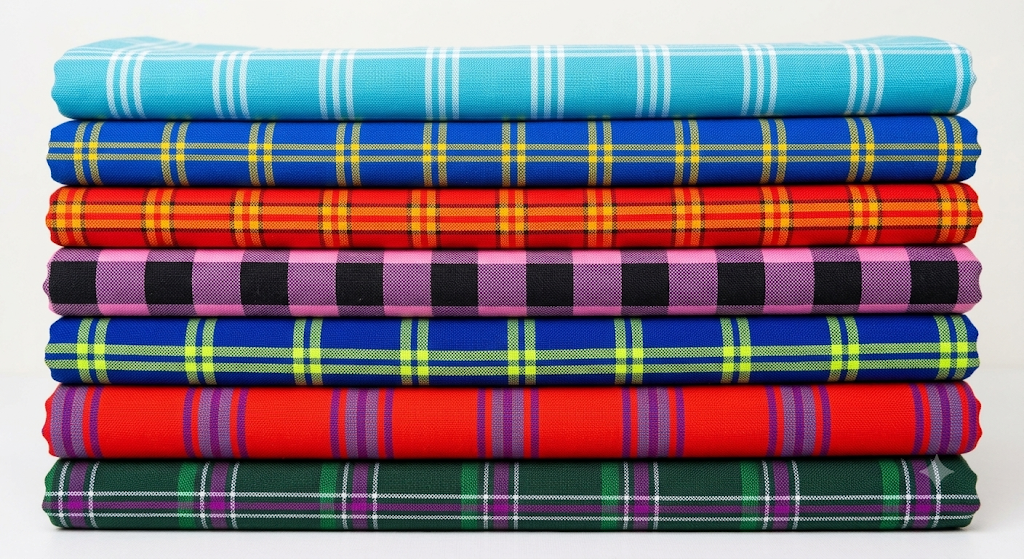 Stack of folded Maasai Shuka shawls in vibrant plaid colourways
