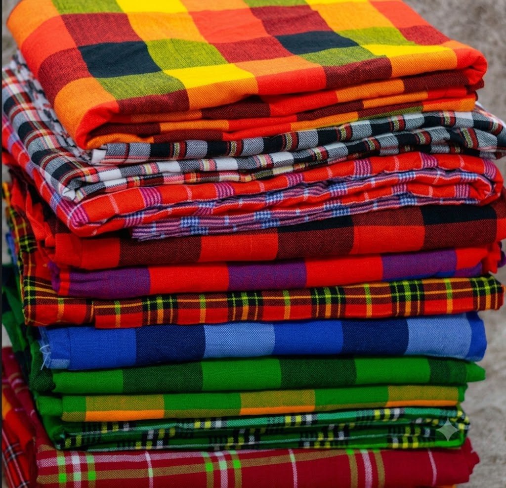 Assorted Maasai Shuka fabric folds showing red, blue, green and orange checks