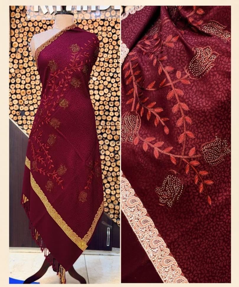 Maroon embroidered suit with tree-of-life motifs